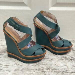 L.A.M.B. Angela Teal Platform Wedge Sz 10 Sandal Heel LAMB Pump Leather Green